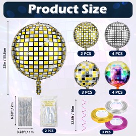 Dreamtop 18 Pcs Disco Ball Balloons Set with Helium-Filled 22" 4D Disco Balloons, 3.28ft x 6.56ft Silver Tinsel Foil Curtains Ribbons for Birthdays, Abba Themed, Disco Party, Bachelor Parties