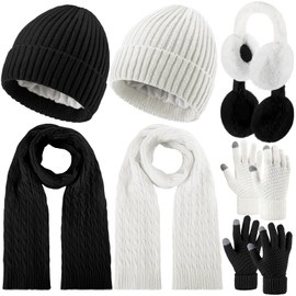Suhine 8 Pcs Winter Beanie Hat Scarf Gloves Ear Warmer set Warm Fleece Knit Hat Touch Screen Gloves Earmuff for Women men(Black, White)