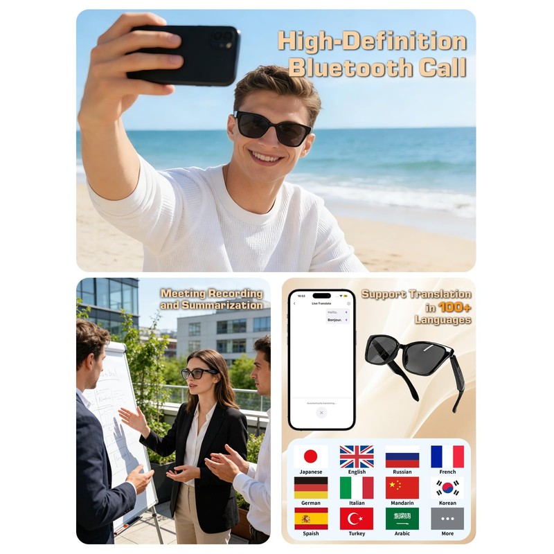 SIHUADON Smart Glasses Sunglasses for Men & Women, Bluetooth Open-Ear