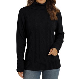 QIXING Women's Jumper Turtle Neck Cable Knit Ribbed Sweater Long Sleeve Tops for Women UK Chunky Knit Ladies Pullover(Black, XL)