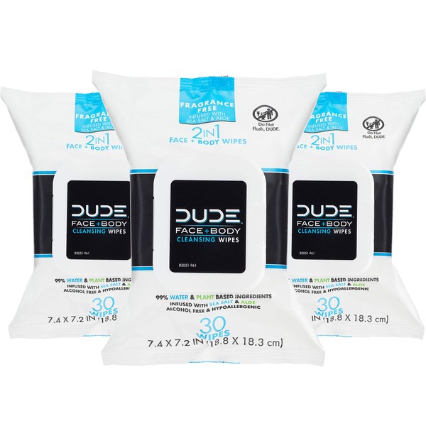 Dude Products Face Wipes, Unscented, 120 Count, Sin fragancia, Unscented, 3 Packs, 30 Wipes per Pack