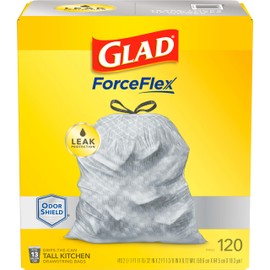 Glad Trash Bags, ForceFlex Tall Kitchen Drawstring Garbage Bags - 13 Gallon White Trash Bag for Kitchen Trash Can, Odor Shield, Odor Eliminator, Leak Protection, 120 Count