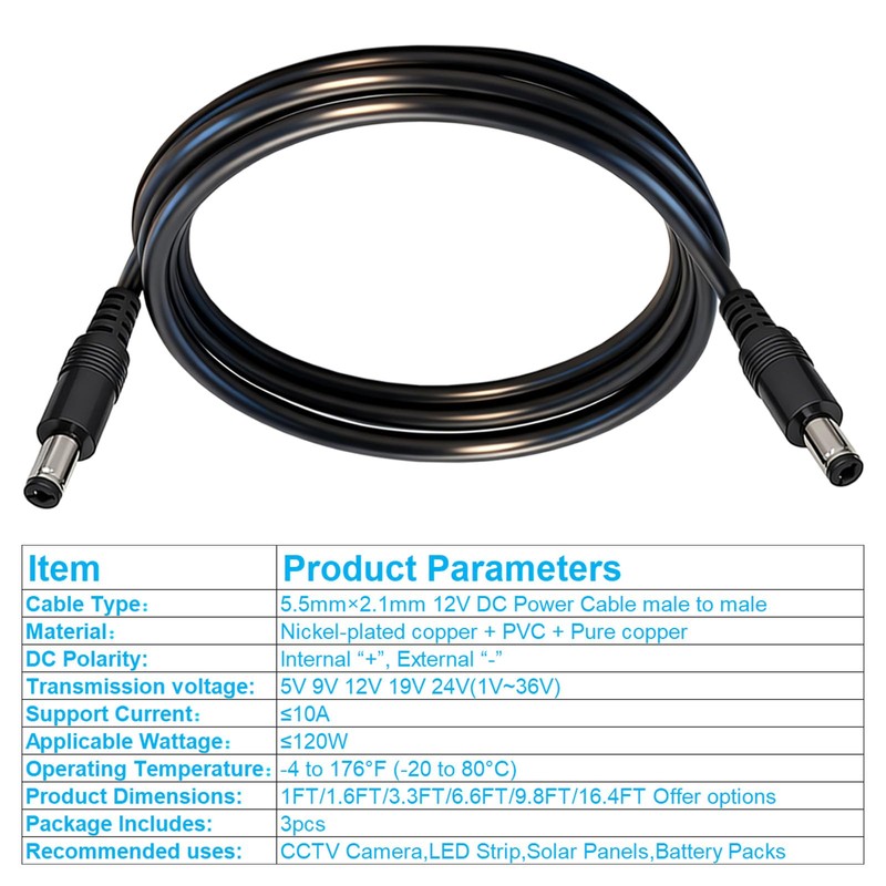 5.5mm x 2.1mm 12V DC Power Cable 3-Pack,DC5521 Male to