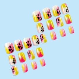 Press on Nails Short Square Fake Nails with Leopard Designs Glossy Nails Press ons Yellow Pink Acrylic Nails Summer Glue on Nails Daily Wear Natural False Nails Cute Stick on Nails for Women 24Pcs
