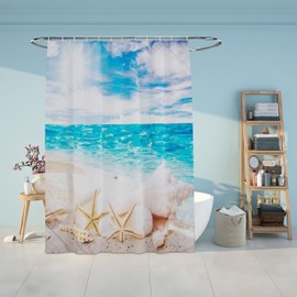 Relaxdays Shower Curtain Shells Bathroom Curtain 180 x 200 cm Anti-Mould Washable 12 Rings Bath Curtain Multicoloured