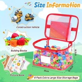 6 Pack Extra Large Toy Storage Bags with Zipper 13.2 x 9.3 x 7.6" Clear PVC Waterproof Toy Organizing Bags with Name Tag Manual Pocket for Building Blocks Puzzle Books(Yellow, Red, Purple)