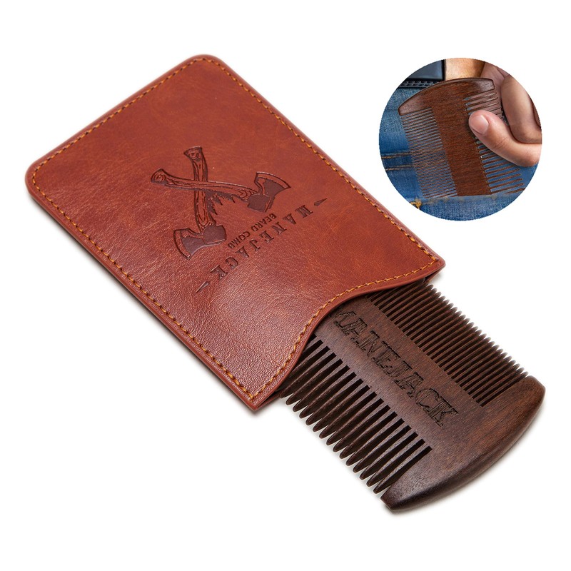 MANEJACK Wooden Beard Comb & Case, Dual Action Fine &