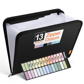 Sooez Accordion File Organizer with Safe Zipper, 13 Pocket Expanding File Folder Organizer, Reinforced Plastic Accordion Folder, A4 Letter Size, Portable Folders for Documents, Black