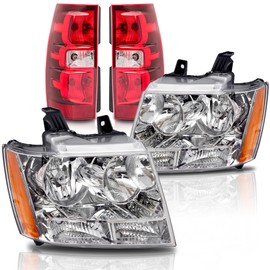 ISHARINGAUTOPARTS Headlight and Tail Light Assembly Compatible with 2007-2013 Chevy Tahoe + 2007-2014 Suburban 1500 2500,Chrome Amber