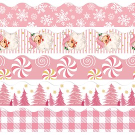AnyDesign 60Pcs Christmas Bulletin Board Borders Xmas Tree Santa Snowflake Bulletin Board Stickers Pink Border Trim for School Classroom Office Home Decor, 69 Ft