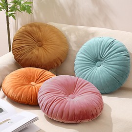 Kathfly 4 Pcs Decorative Round Throw Pillows Pumpkin Velvet Pillow 13.8 Circle Floor Pillows for Car Couch Chair Bed Living Room Decorations(Pink, Dark Orange, Earthy Yellow, Peacock Blue)