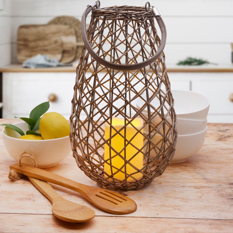 Mikasa LED Pear Shape Wicker Lantern, 13 Inch, Gray