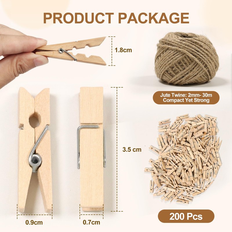 200 Pcs Mini Wooden Pegs with 30m Jute String, 3.5