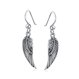 Spiritual Personalize Amulet Feathered Heart Guardian Angel Wing Dangle Earrings For Women Teens Oxidized .925 Sterling Silver Fish Hook