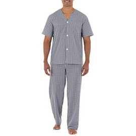Fruit of the Loom Men's Broadcloth Short Sleeve Top and Long Pants Pajama Set, Navy/White Check, Large