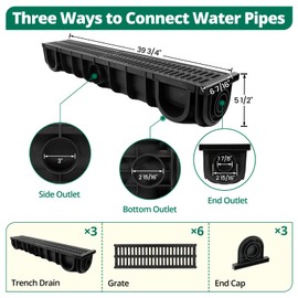 Benfar Trench Drain 39.4x6.1x5.5in 3Pack HDPE Channel Drain with Grates Trench Drainage System Total Length 10FT Driveway Drainage for Yard Concrete Garage Floor Sidewalk Garden Patio M062