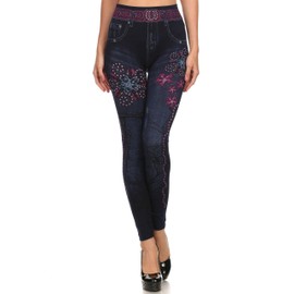 ICONOFLASH Women's Fleece Lined Faux Denim Sublimation Legging, Pink Rhinestones