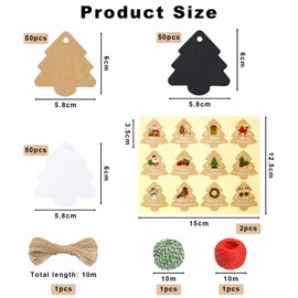 Pack of 150 Christmas Tree Shape Gift Tags, Christmas Labels Tags, Kraft Paper Tags, Gift Tags with 30 m String and Stickers, Christmas 24 Stickers