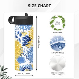 Dewoofly 18oz Blue Yellow Flower Insulated Water Bottles With Straw, Steel Double Walled Vacuum Sports Water Bottle for Sports