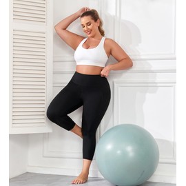 Plus Size Capri Leggings with Pockets, Womens Black Yoga Pants Tummy Control, Butt Lifting Workout Clothes Stretchy Gym Capris High Waist 3X