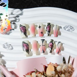 TENPAL Gradient Pink White Press on Nails Medium Sweet Cool Metallic Fake Nails With Cat Eye Swirls Airbrush Designs Ballet Fake Nails With Glue 10Pcs/Box Handmade Stick on Nails For Women Girls(S)