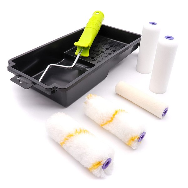 COTTAM Mini Paint Roller and Tray Set | Mini Small 4 Inch | Roller Sleeves for Painting Emulsion on Walls & Ceilings & Gloss On Doors/Trim