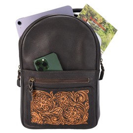Schneiders Tooled Leather Small Backpack | Western-Inspired Pack for Horse Lovers | Adjustable Straps | 14" x 9.5" x 4" | Color Black