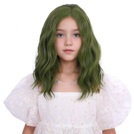 Edivd Child Light Sea Green Wig Girls Short Grass Green Side Part Wig Kids Wavy Curly Wigs Heat Resistant Synthetic Wigs with Cap