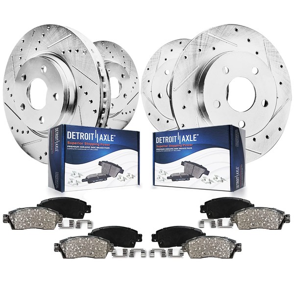 Detroit Axle - Brake Kit for 2.0L 2006-2013 Mazda 3 Drilled & Slotted Brake Rotors and Ceramic Brakes Pads Front and Rear 2007 2008 2009 2010 2011 2012 Replacement
