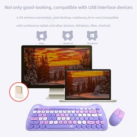 Wireless Mouse and Keyboard, Cute Cat Keyboard Mouse Combo for Present,2.4G Cordless Computer Mice with USB Receiver for Laptop PC MAC (Taro Purple)