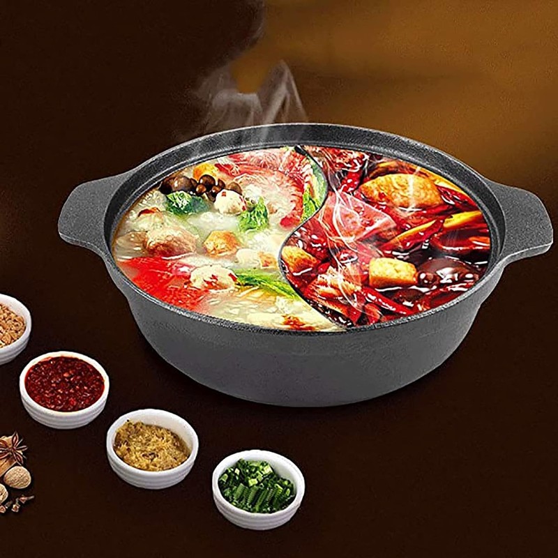 Cast Iron Hot Pot with Divider, 12.5 Inch Dual-Sided Shabu
