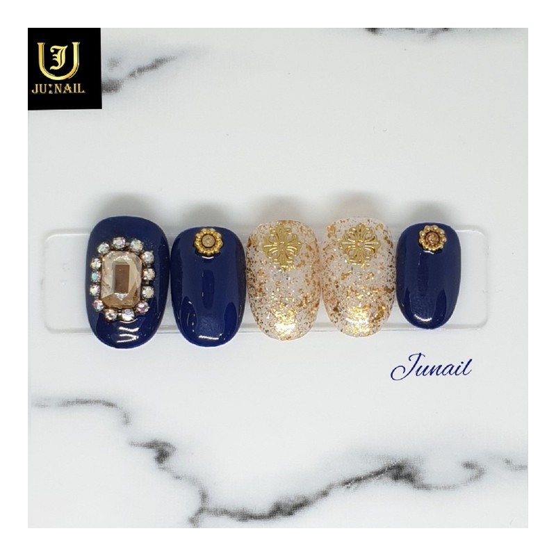 Navy Gold Handmade Nail Tips - Long Round Square /