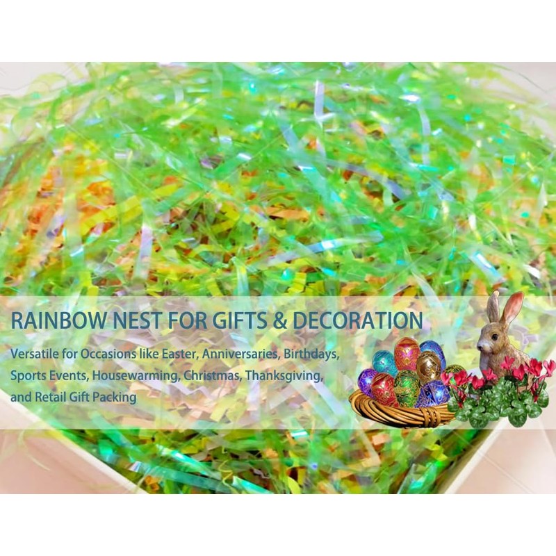 Lridescent Rainbow Easter Grass Crinkle Cut Paper,Raffia Basket Shreds Tissue