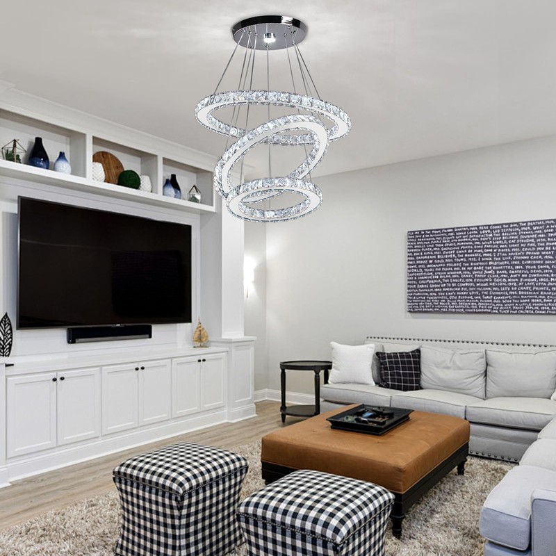 CLAIRDAI Modern Crystal Chandeliers Adjustable Crystal 3 Ring LED Ceiling