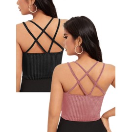 Hgarsin Women Casual Basic Sleeveless V Neck Ribbed Knitted Y2k Crop Tank Top Seamless Soft Cropped Camisole Tops, Pack of 2