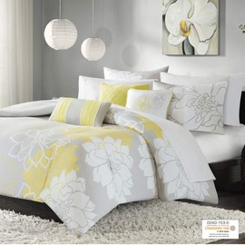 Madison Park Lola Cotton Duvet - Modern Large Floral Trendy Design, All Season Comforter Cover Bedding Set with Matching Shams, Decorative Pillows Yellow Full/Queen(90"x90") 6 Piece