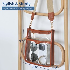 Women's Clear PVC Cross Body Bag Zipper Pocket Shoulder Bag with Vegan Leather Trim Stadium Approved Transparent Purse, Brown