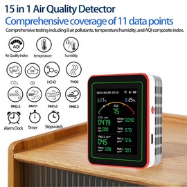 15-in-1 Smart Air Quality Monitor,air Quality Monitor,Home air Quality Test,air Quality Tester for Home,USB Rechargeable,Monitor with PM, CO2, CO, TVOC, HCHO, PM, AQI,(red+Black)