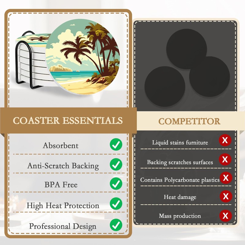 Drink Coasters with Holder,6 Pcs Palm Trees Beach Sunset Absorbent