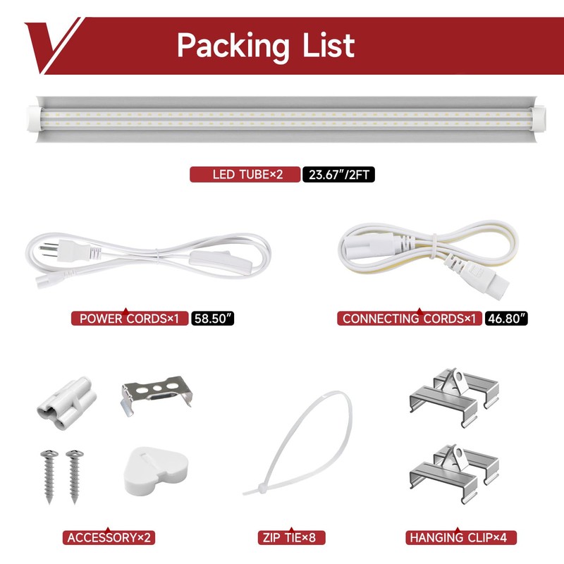 Vshape T8 Grow Light for Indoor Plants, 2FT, 24W, 5000K,