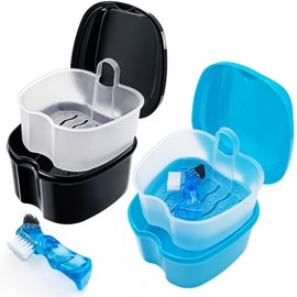 2 Pack Denture Case False Teeth Container with Brush, Denture Cup False Teeth Holder Denture Bath Box Soaking Case Travel with Strainer Basket - Black and Blue