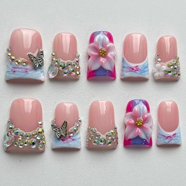 Luxury Press on Nails Short Duck Handmade 3D Unique Reusable ABS Material Fake Nails French Tip False Nails with Designs Flower Butterfly Blue Pink Glossy Glue on Nail Thick Acrylic Nail(M)