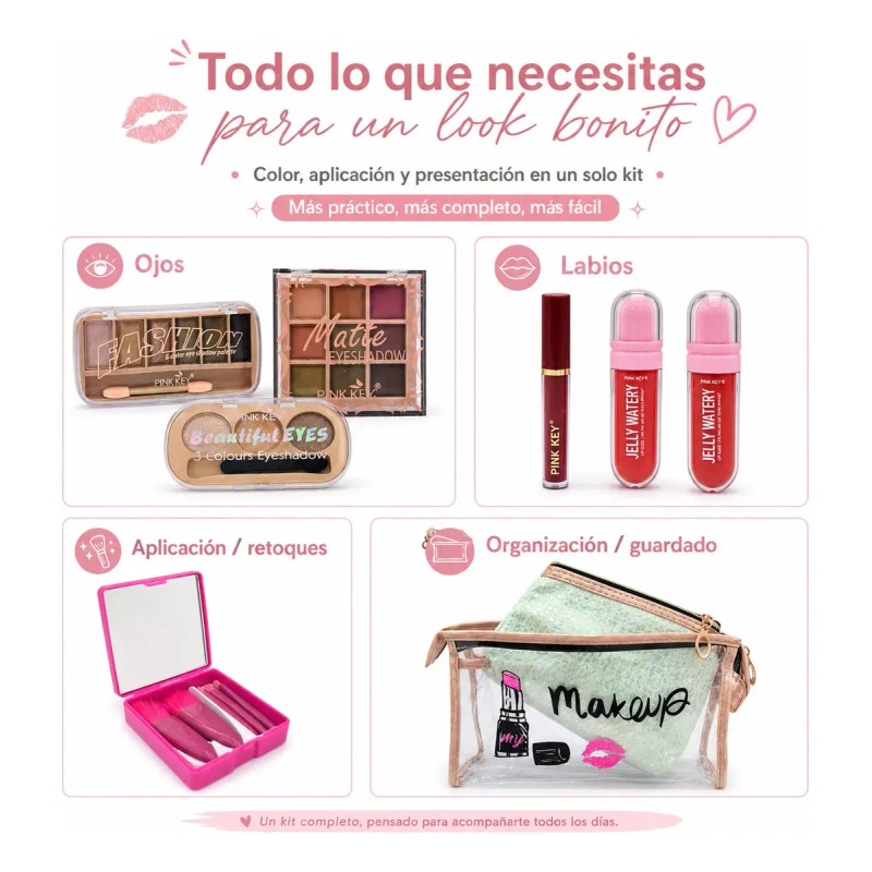 Kit De Maquillaje 2 Cosmetiquera Brochas Sombras Gloss Blush