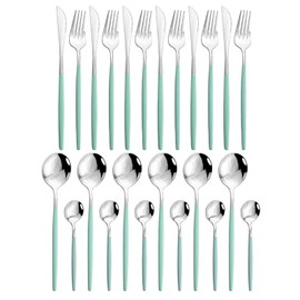 JASHII 24 Piece Titanium Mint Green Plated Stainless Steel Flatware Set, Utensils Set, Cutlery Set Service for 6 (Mint Green Handle, Shiny Silver)