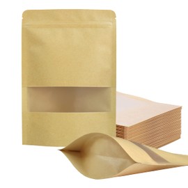 FireKylin 100 Pcs Resealable bags,5.9" x 8.6" Stand Up Kraft Paper Bags with Matte Window, Zip Lock Food Storage Bags for Packaging Products, Reusable, Sealable