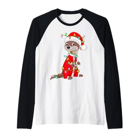 Otter Christmas Lights Santa Costume Cute Animal Xmas Raglan Baseball Tee