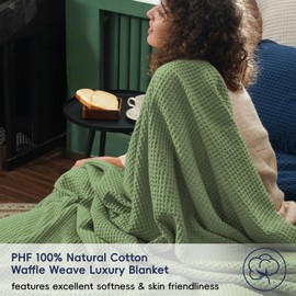 PHF 100% Cotton Waffle Weave Blanket Twin Size 66"x90" -Lightweight Washed Soft Breathable Blanket Perfect for Summer - Great Blanket Layer for Couch Bed Sofa - Loden Green