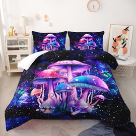 Nttopship Fantasy Mushrooms Comforter Set Full,Galaxy Fantasy 3 Pieces Bedding Set for Teens Kids,Violet Down Alternative Bed Comforters Bedding Sets for All Season