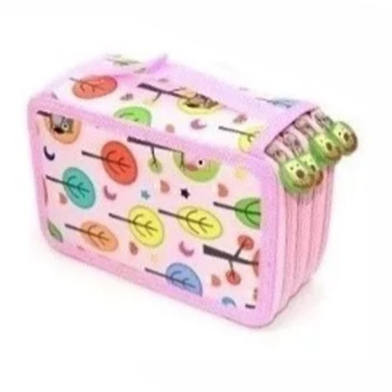 Large Pencil Case Cartoon Pink 4 Tiers 72 Holes Impact