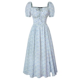 Corset Dress for Women Midi Length Square Neck Short Sleeve Milkmaid Dresses Green Blue Floral S